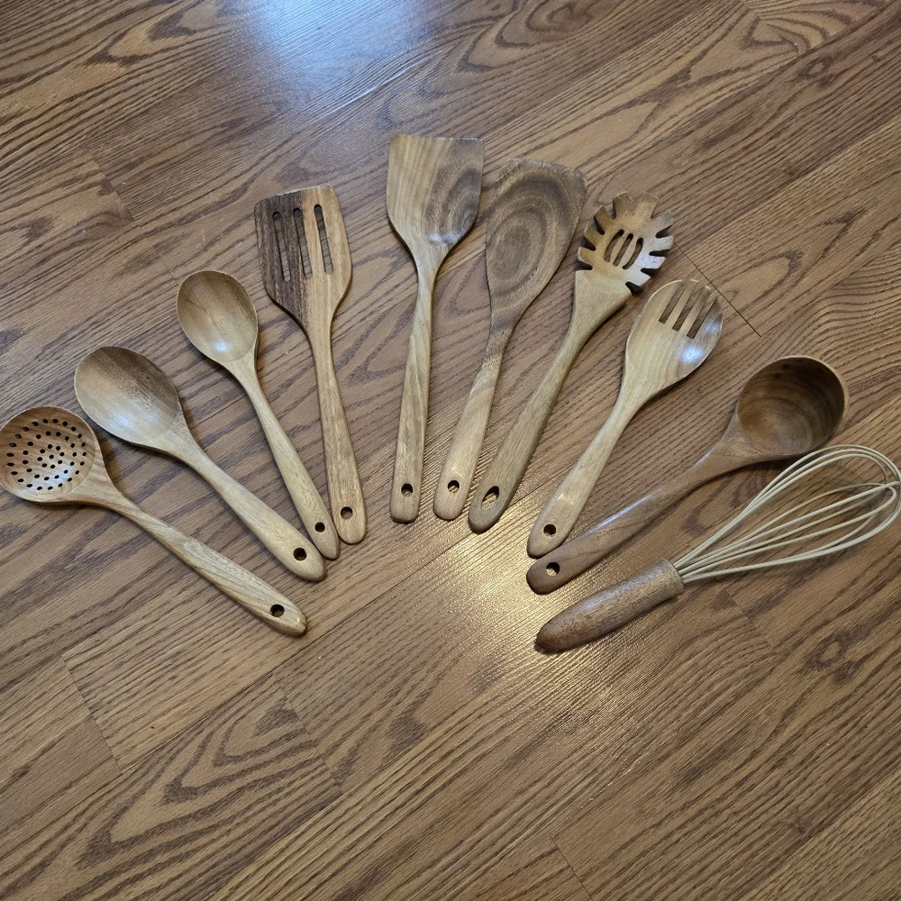 10 Pack Wooden Spoons for Cooking Teak Wood Kitchen Utensils Set Natural Boho